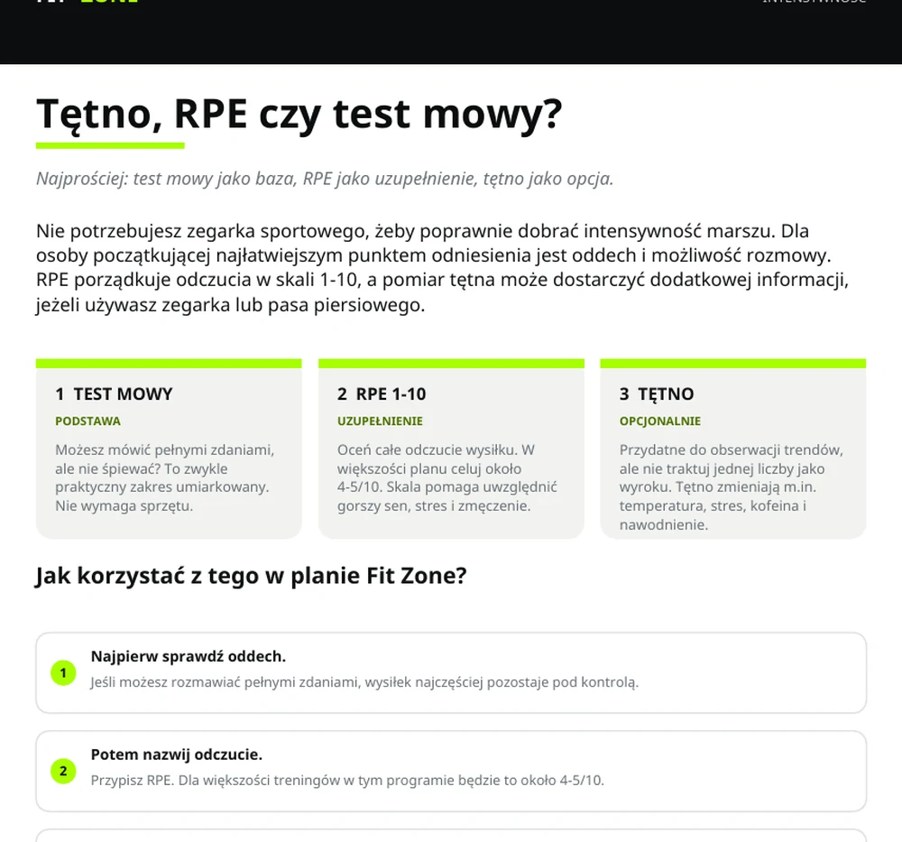 Fragment programu Fit Zone – RPE i test mowy