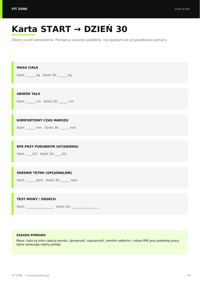 Fragment programu Fit Zone – tracker postępu START i dzień 30