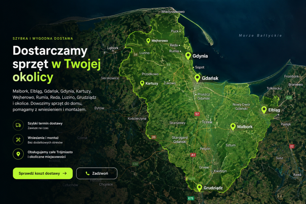 Mapa obszaru dostaw Fit Zone: Gdynia, Gdańsk, Wejherowo, Reda, Rumia, Luzino, Kartuzy, Malbork, Elbląg i Grudziądz